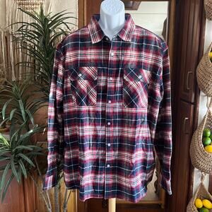 Cozy Red Blue Plaid Flannel Shirt Jacket 2XL | Cotton Shacket Outdoor Lumberjack
